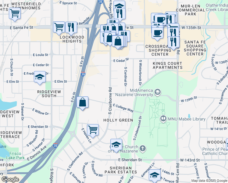 map of restaurants, bars, coffee shops, grocery stores, and more near 1611 East Elm Terrace in Olathe
