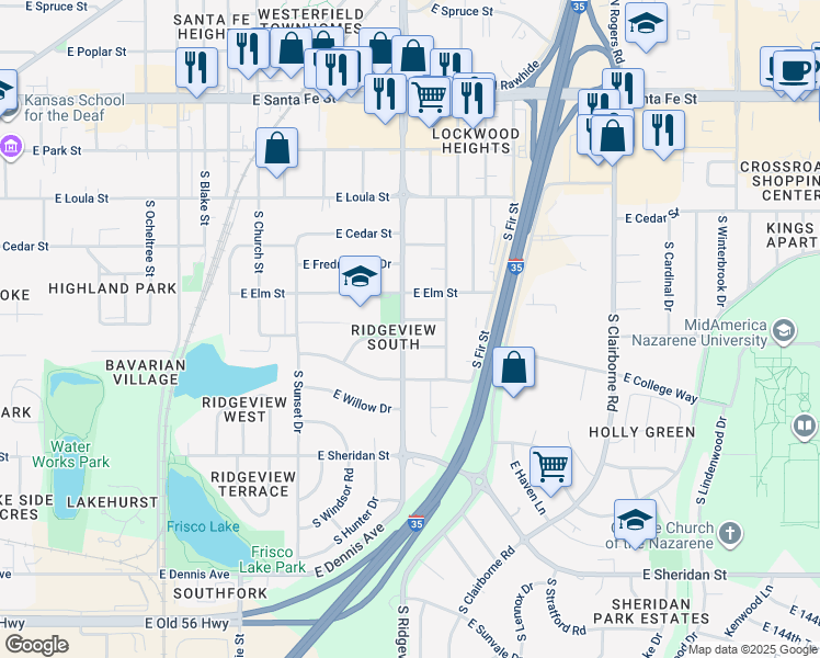 map of restaurants, bars, coffee shops, grocery stores, and more near 410 South Ridgeview Road in Olathe