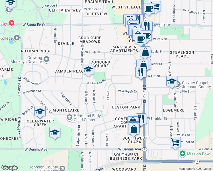 map of restaurants, bars, coffee shops, grocery stores, and more near 1301 West Elm Terrace in Olathe