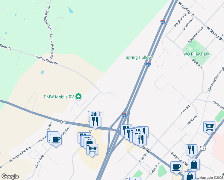 map of restaurants, bars, coffee shops, grocery stores, and more near 540 Hotchkiss Drive in Woodstock