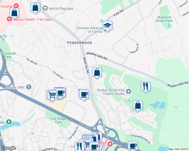map of restaurants, bars, coffee shops, grocery stores, and more near 12150 Wedgeway Court in Fairfax