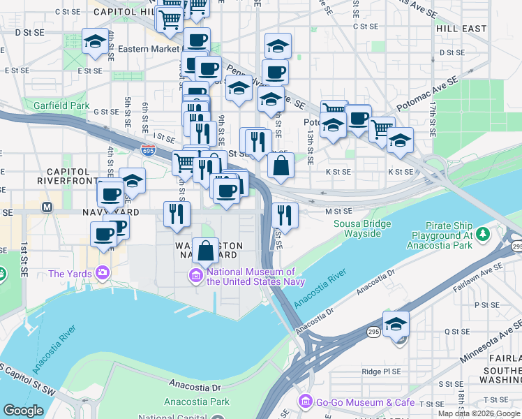 map of restaurants, bars, coffee shops, grocery stores, and more near M Street Southeast in Washington