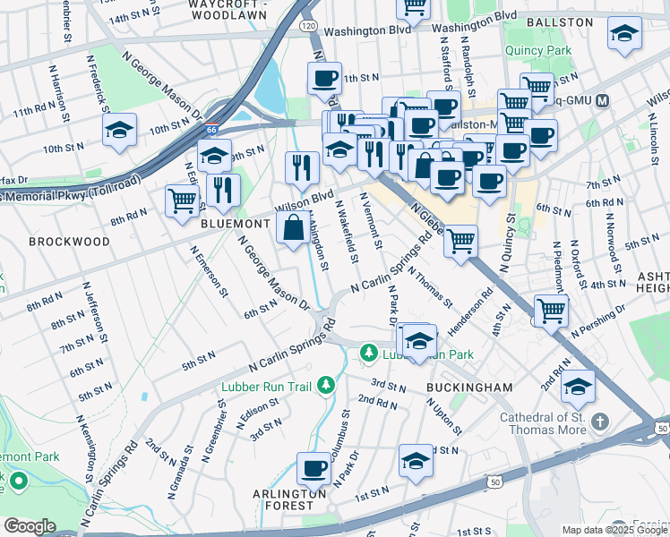 map of restaurants, bars, coffee shops, grocery stores, and more near 613 North Abingdon Street in Arlington
