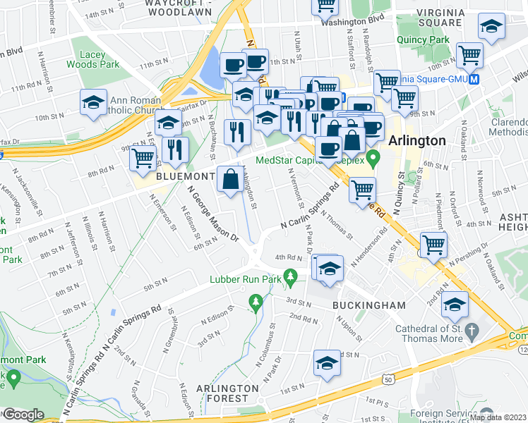 map of restaurants, bars, coffee shops, grocery stores, and more near 613 North Abingdon Street in Arlington