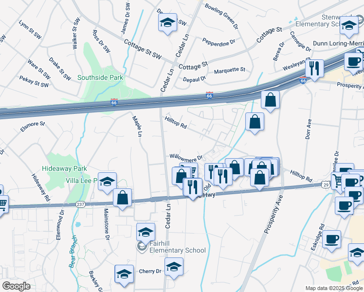 map of restaurants, bars, coffee shops, grocery stores, and more near 2853 Willowmere Woods Drive in Vienna