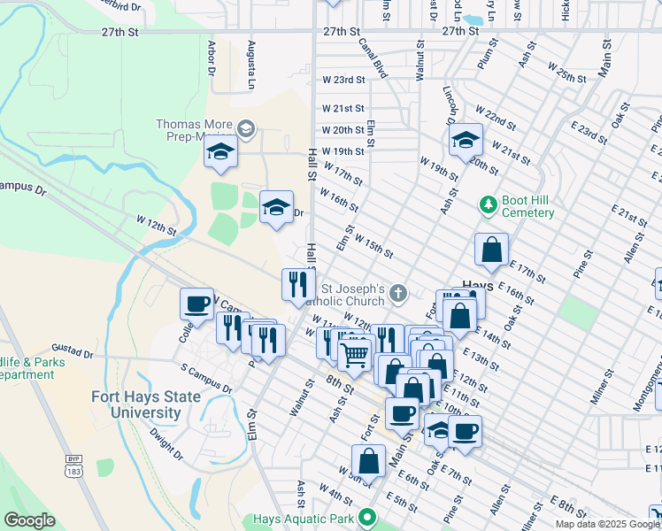 map of restaurants, bars, coffee shops, grocery stores, and more near Elm Street in Hays