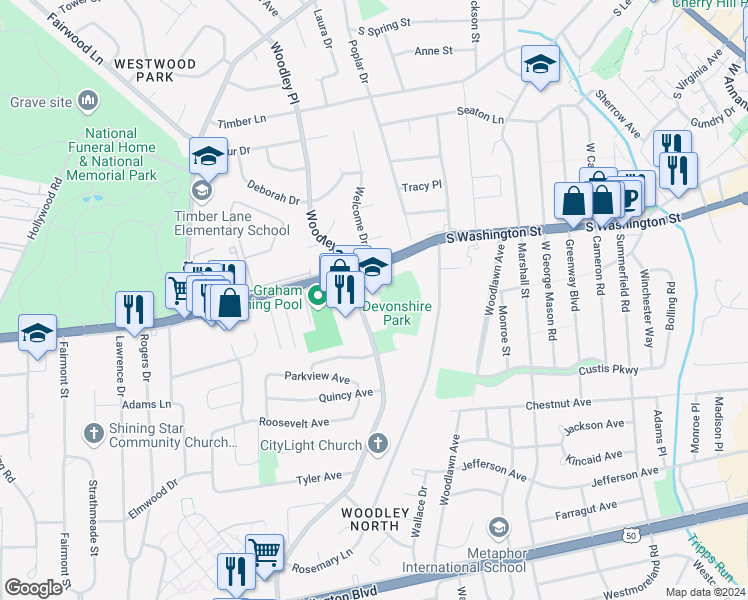 map of restaurants, bars, coffee shops, grocery stores, and more near 2831 Graham Road in Falls Church