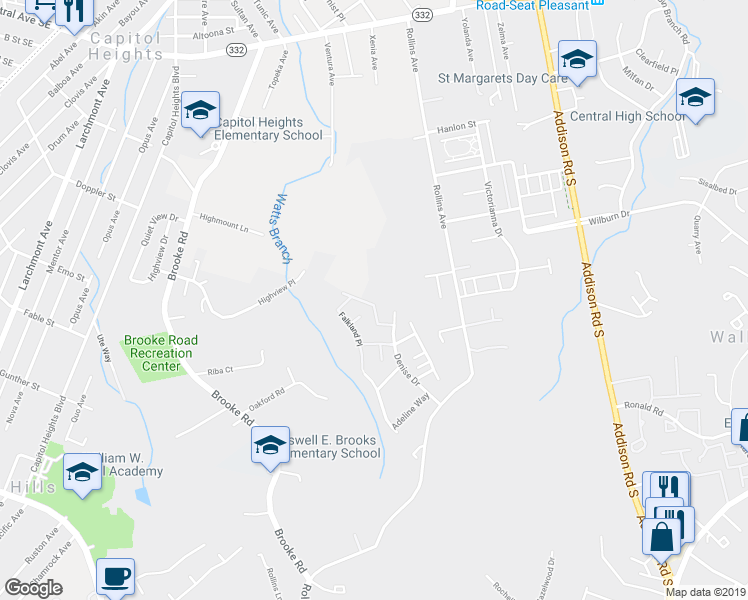 map of restaurants, bars, coffee shops, grocery stores, and more near 5730 Gladstone Way in Capitol Heights