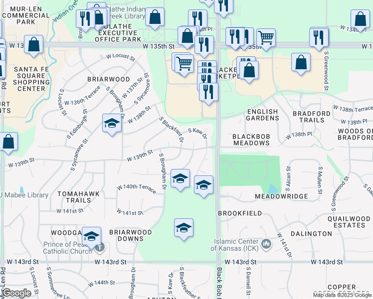 map of restaurants, bars, coffee shops, grocery stores, and more near West 139th Street in Olathe