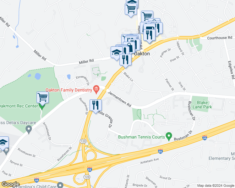 map of restaurants, bars, coffee shops, grocery stores, and more near 2932 Jermantown Road in Oakton