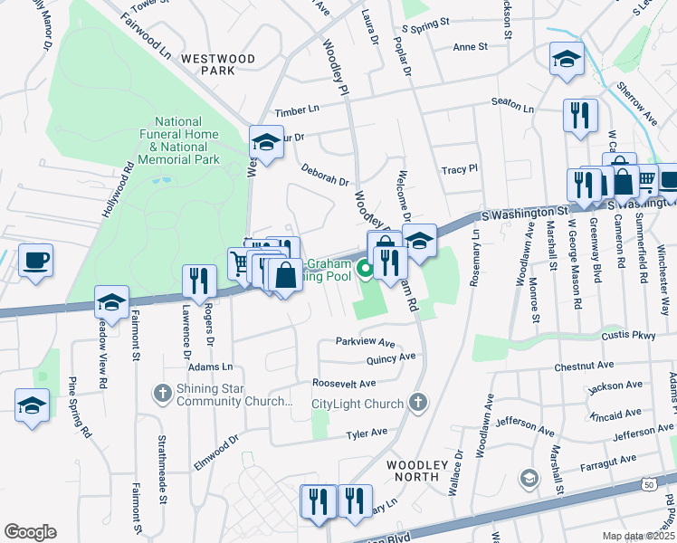 map of restaurants, bars, coffee shops, grocery stores, and more near 2819 Kalmia Lee Court in Falls Church