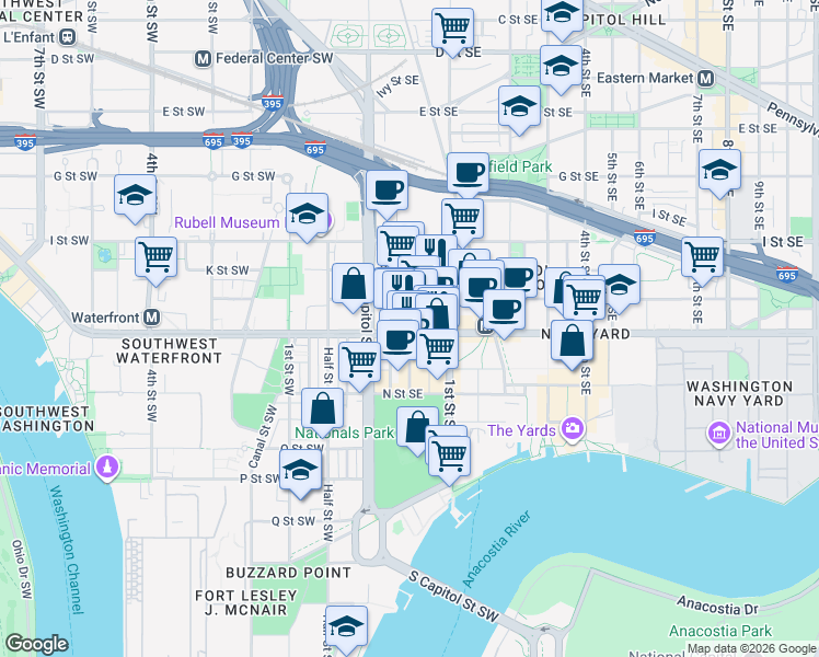 map of restaurants, bars, coffee shops, grocery stores, and more near Half Street Southeast in Washington