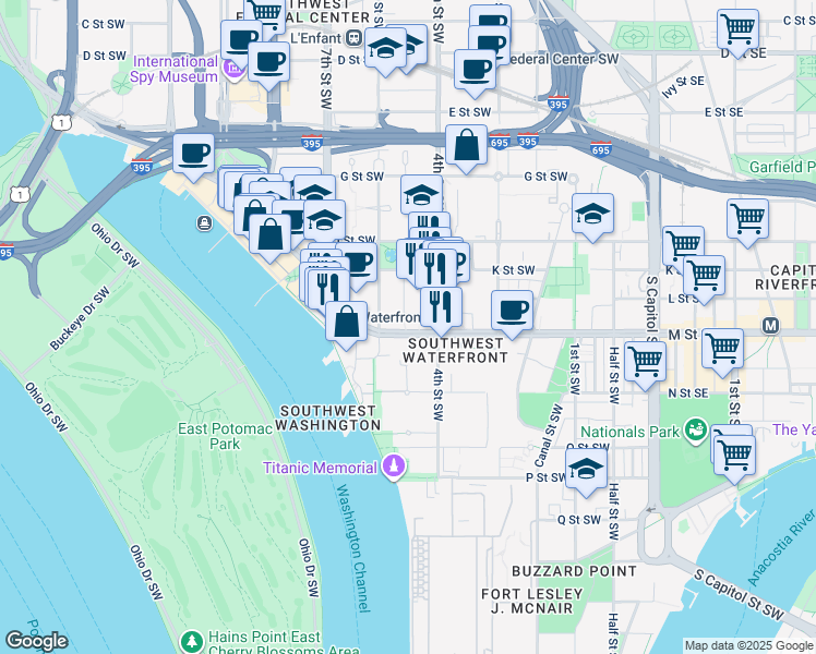 map of restaurants, bars, coffee shops, grocery stores, and more near 429 M Street Southwest in Washington