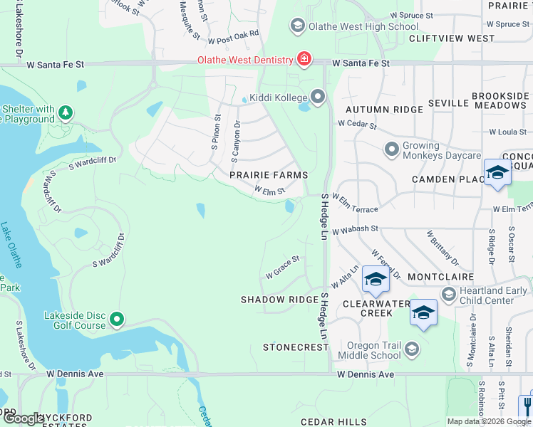 map of restaurants, bars, coffee shops, grocery stores, and more near 2307 West Elm Street in Olathe