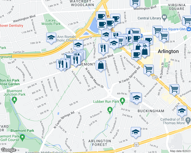 map of restaurants, bars, coffee shops, grocery stores, and more near 4901 7th Street North in Arlington
