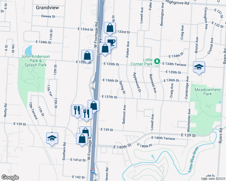 map of restaurants, bars, coffee shops, grocery stores, and more near 13615 White Avenue in Grandview