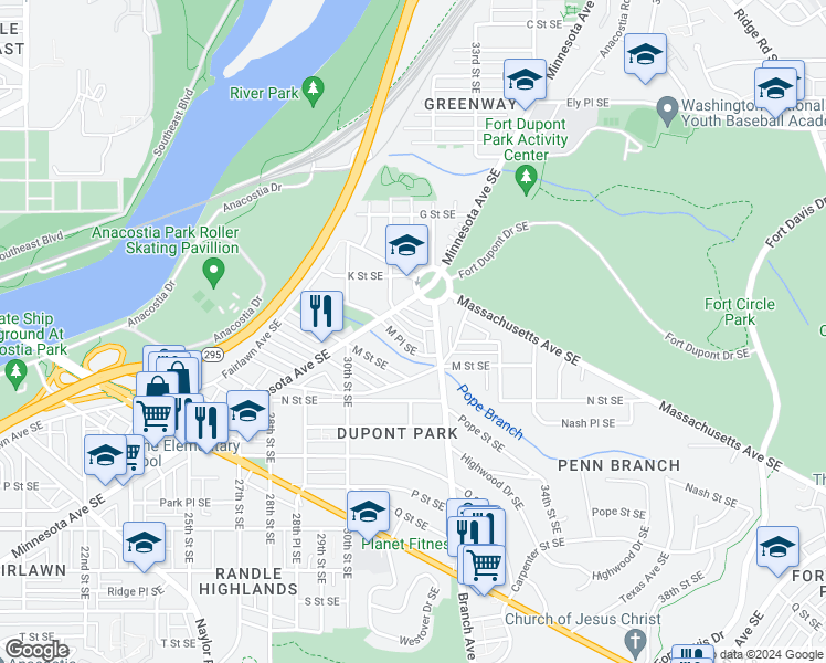 map of restaurants, bars, coffee shops, grocery stores, and more near 3133 Lyndale Place Southeast in Washington