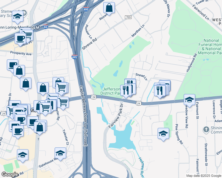 map of restaurants, bars, coffee shops, grocery stores, and more near 7900 Lee Highway in Falls Church