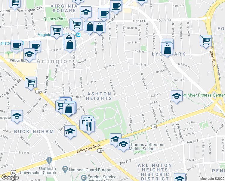map of restaurants, bars, coffee shops, grocery stores, and more near 316 North Kenmore Street in Arlington