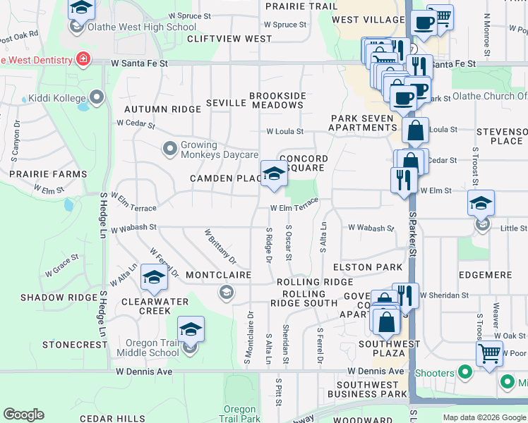 map of restaurants, bars, coffee shops, grocery stores, and more near 409 South Ridge Drive in Olathe