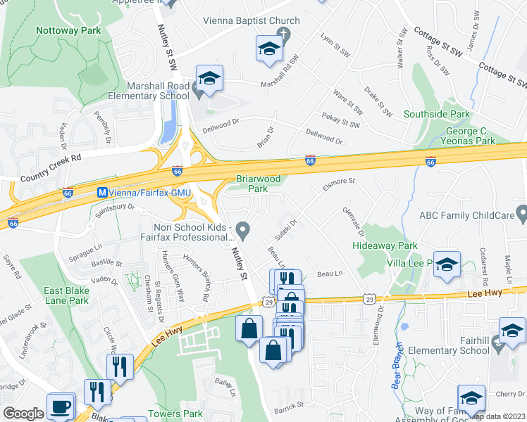 map of restaurants, bars, coffee shops, grocery stores, and more near 2895 Swanee Lane in Fairfax