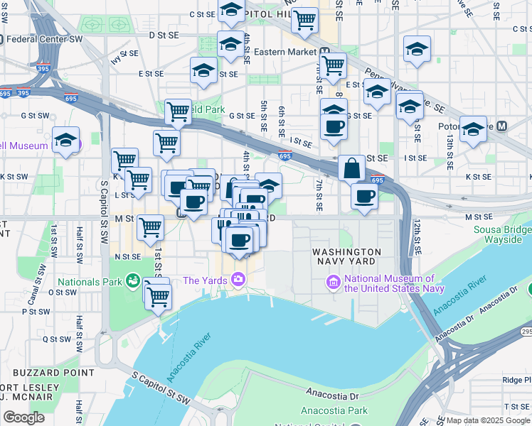 map of restaurants, bars, coffee shops, grocery stores, and more near 101 Independence Avenue Southeast in Washington