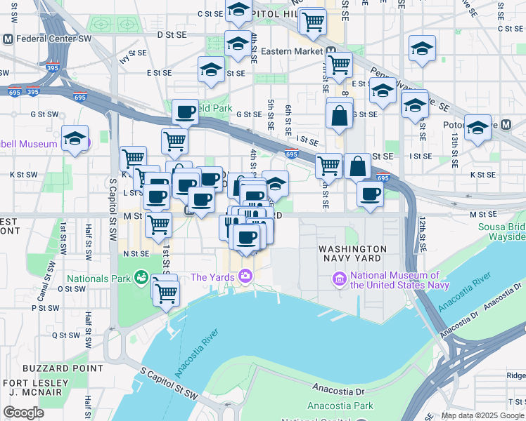 map of restaurants, bars, coffee shops, grocery stores, and more near 101 Independence Avenue Southeast in Washington