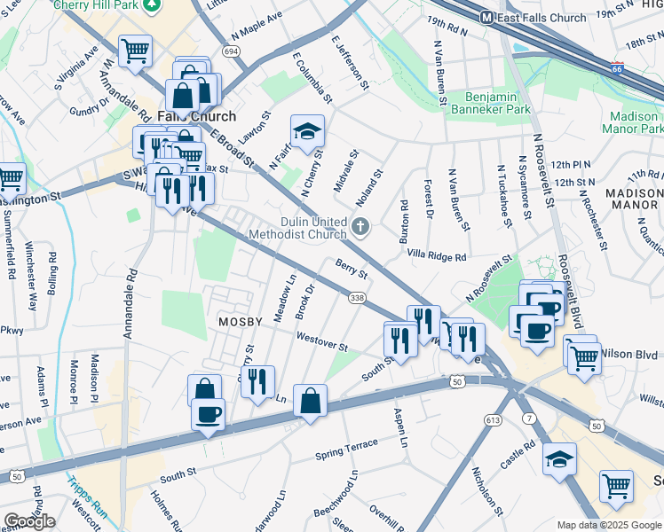 map of restaurants, bars, coffee shops, grocery stores, and more near 702 Berry Street in Falls Church
