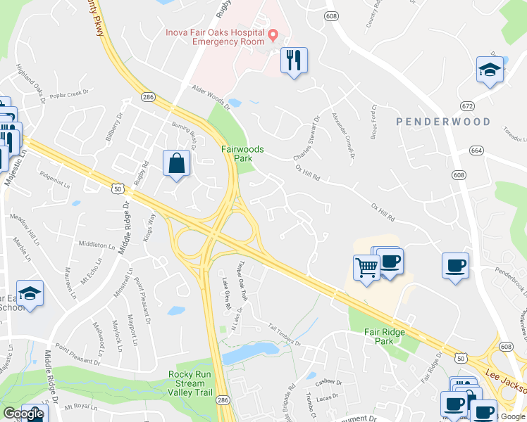 map of restaurants, bars, coffee shops, grocery stores, and more near 3870 Mohr Oak Court in Fairfax