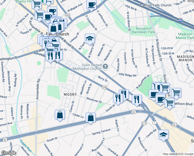 map of restaurants, bars, coffee shops, grocery stores, and more near 702 Berry Street in Falls Church