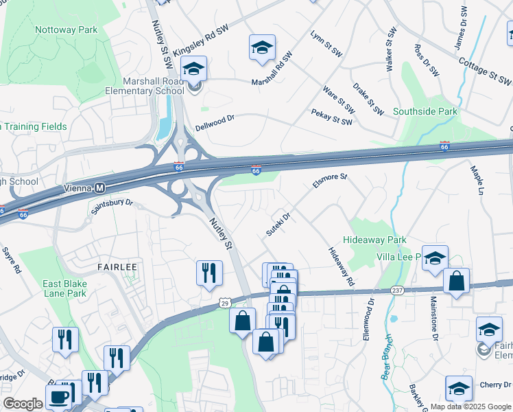 map of restaurants, bars, coffee shops, grocery stores, and more near 2895 Swanee Lane in Fairfax