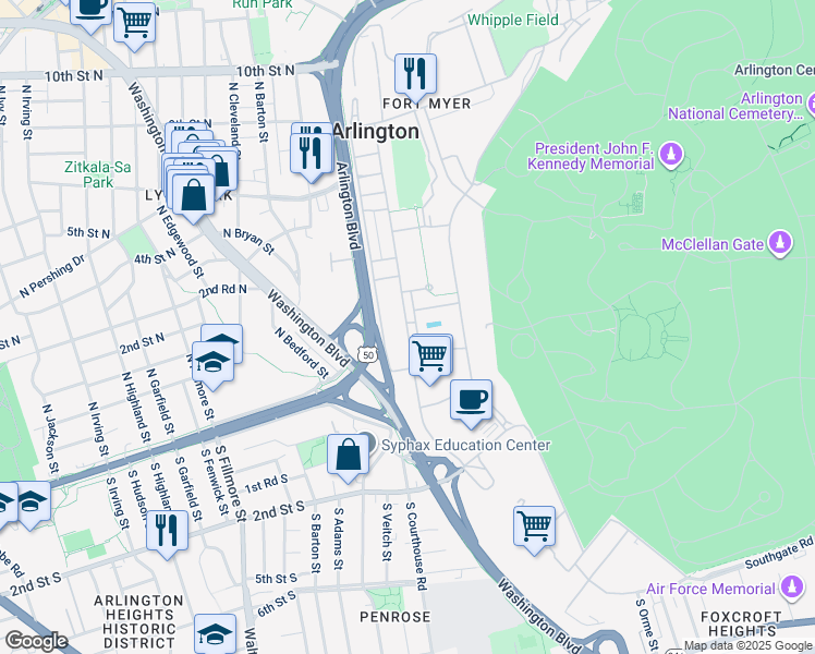 map of restaurants, bars, coffee shops, grocery stores, and more near 249 Sheridan Avenue in Arlington