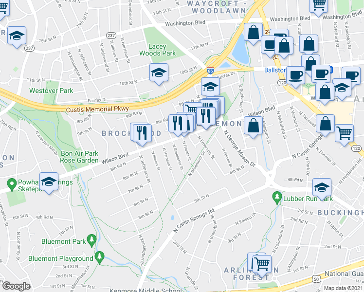 map of restaurants, bars, coffee shops, grocery stores, and more near 808 North Florida Street in Arlington