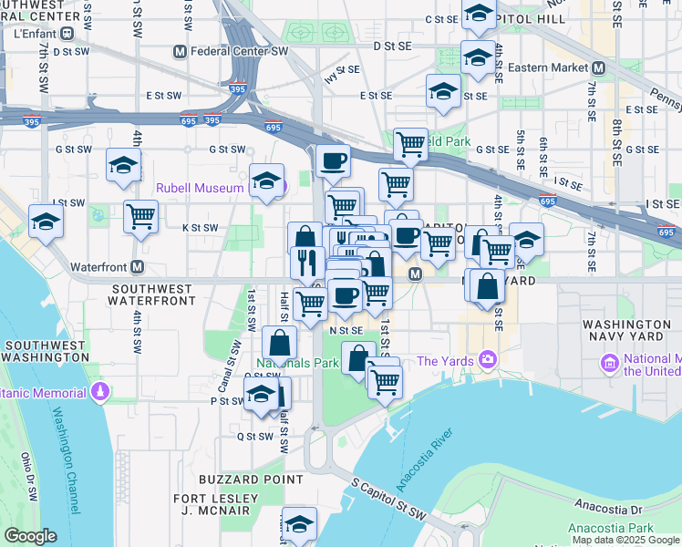 map of restaurants, bars, coffee shops, grocery stores, and more near 20 M Street Southeast in Washington