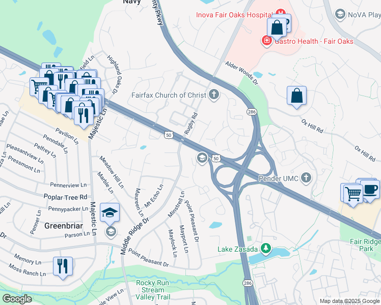 map of restaurants, bars, coffee shops, grocery stores, and more near 12729 Kings Way in Fairfax