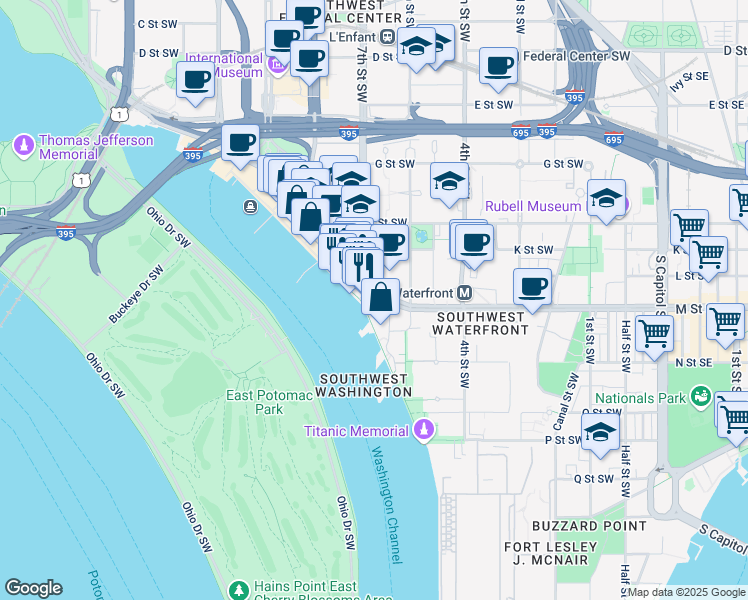 map of restaurants, bars, coffee shops, grocery stores, and more near 601 Wharf Street Southwest in Washington