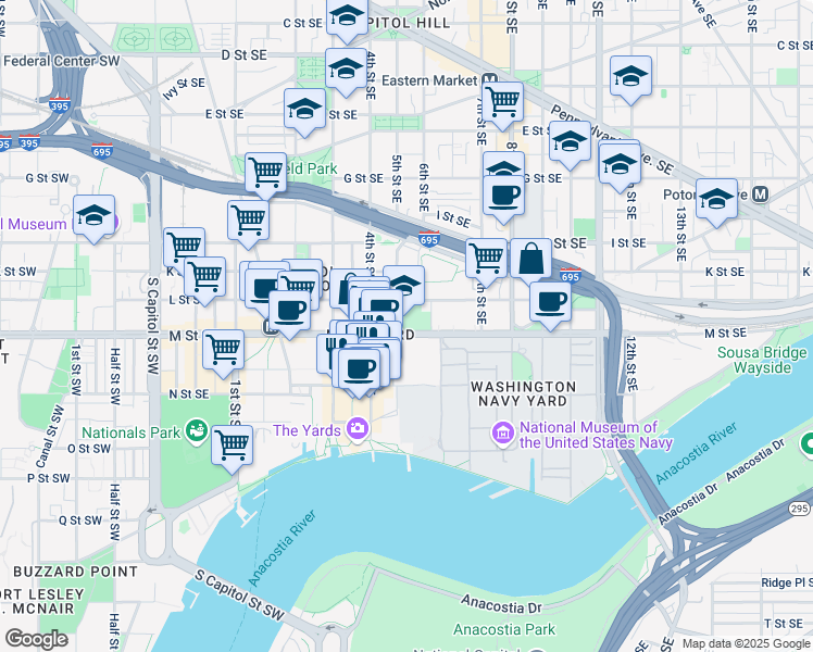 map of restaurants, bars, coffee shops, grocery stores, and more near 1150 5th Street Southeast in Washington