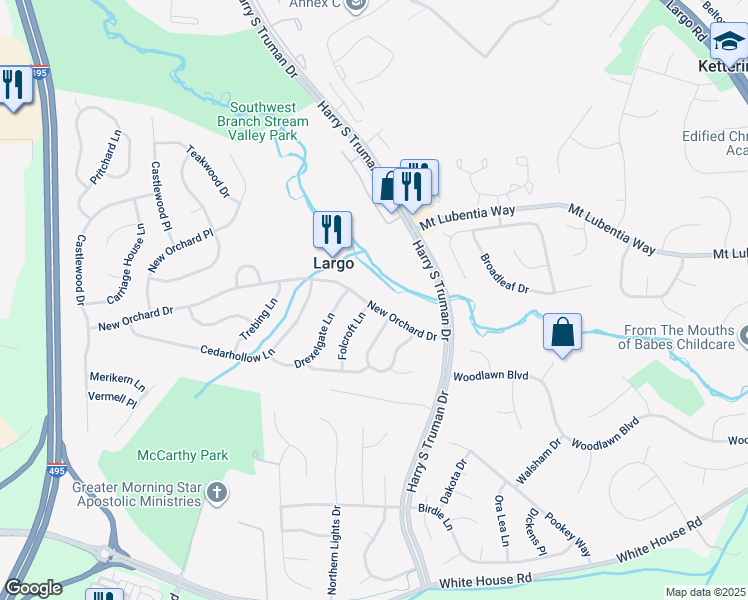 map of restaurants, bars, coffee shops, grocery stores, and more near 10200 New Orchard Drive in Upper Marlboro
