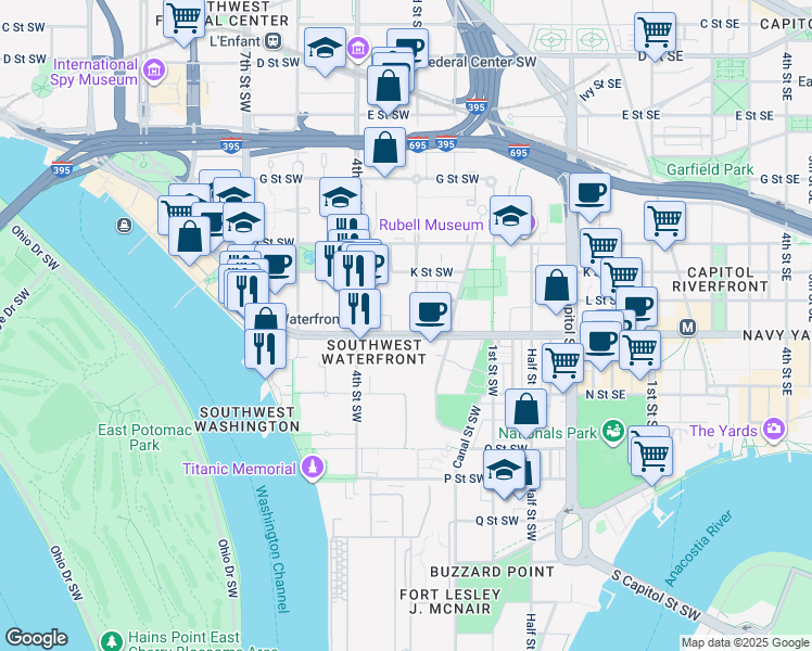 map of restaurants, bars, coffee shops, grocery stores, and more near 301 M Street Southwest in Washington