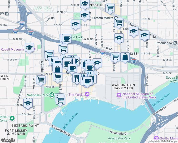 map of restaurants, bars, coffee shops, grocery stores, and more near 300 M Street Southeast in Washington