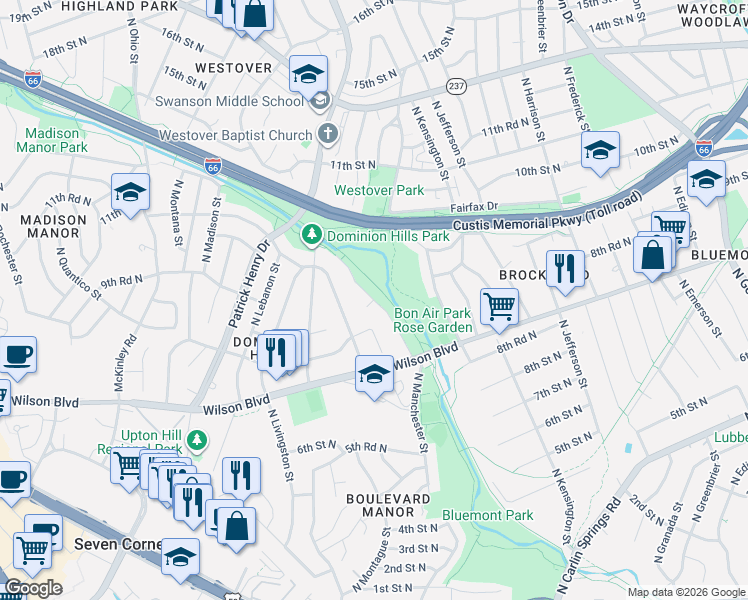 map of restaurants, bars, coffee shops, grocery stores, and more near 9th Rd N & N Arlington Mill Dr in Arlington