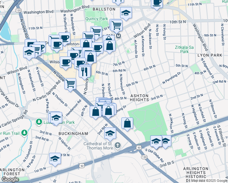map of restaurants, bars, coffee shops, grocery stores, and more near 426 North Oakland Street in Arlington