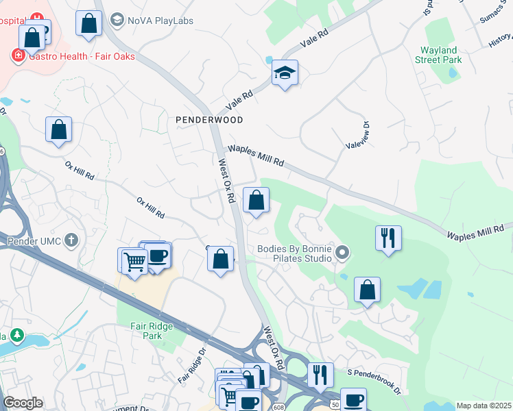 map of restaurants, bars, coffee shops, grocery stores, and more near 12136 Wedgeway Court in Fairfax