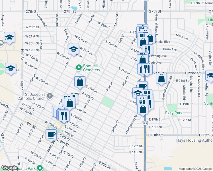map of restaurants, bars, coffee shops, grocery stores, and more near 209 East 18th Street in Hays