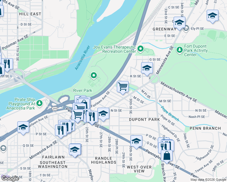 map of restaurants, bars, coffee shops, grocery stores, and more near 2904 Nelson Place Southeast in Washington