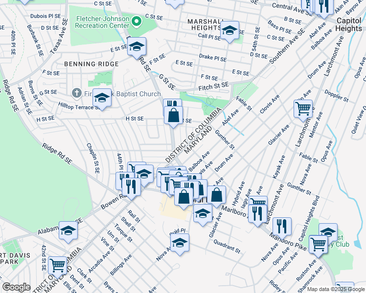 map of restaurants, bars, coffee shops, grocery stores, and more near 5010 Southern Avenue Southeast in Washington