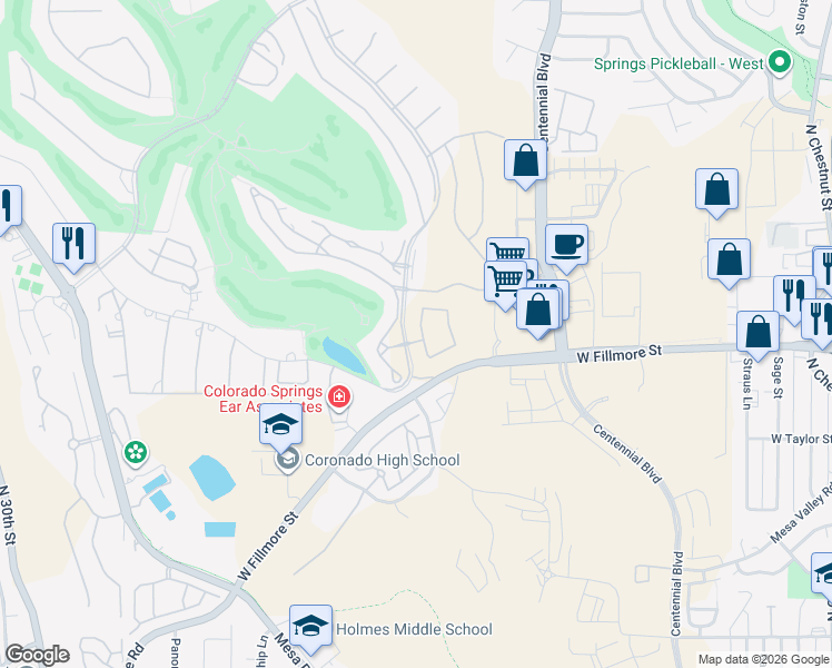 map of restaurants, bars, coffee shops, grocery stores, and more near 3150 Sheiks Place in Colorado Springs