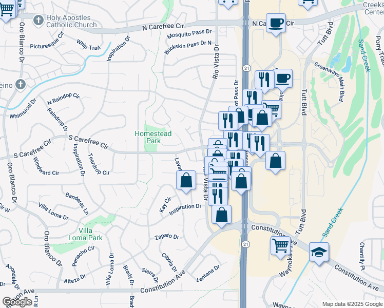 map of restaurants, bars, coffee shops, grocery stores, and more near 3081 Mandalay Grove in Colorado Springs