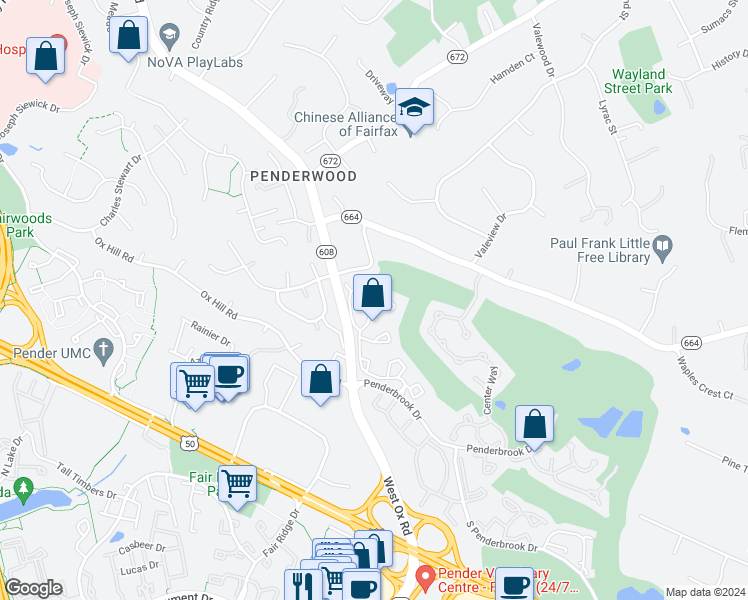 map of restaurants, bars, coffee shops, grocery stores, and more near 12136 Wedgeway Court in Fairfax