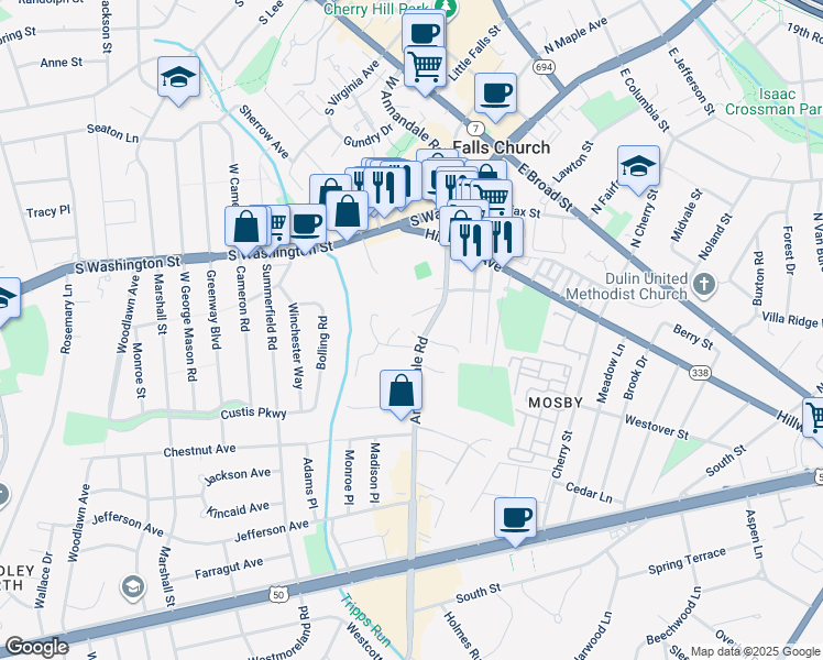 map of restaurants, bars, coffee shops, grocery stores, and more near 2820 Annandale Road in Falls Church